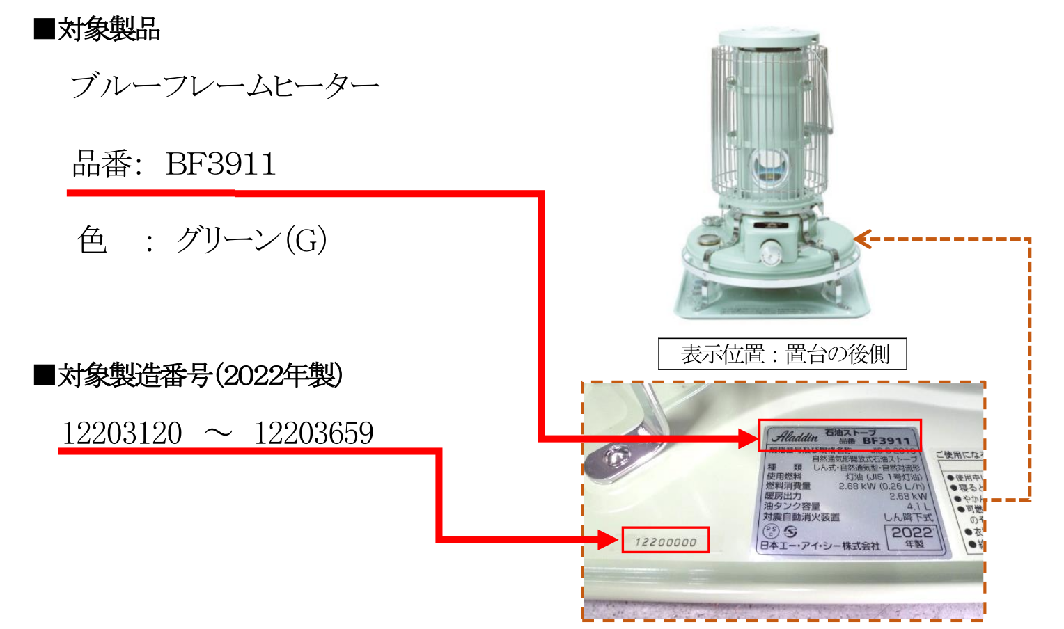 アラジン ブルーフレームヒーター対震消火装置 無償点検交換のお知らせ: